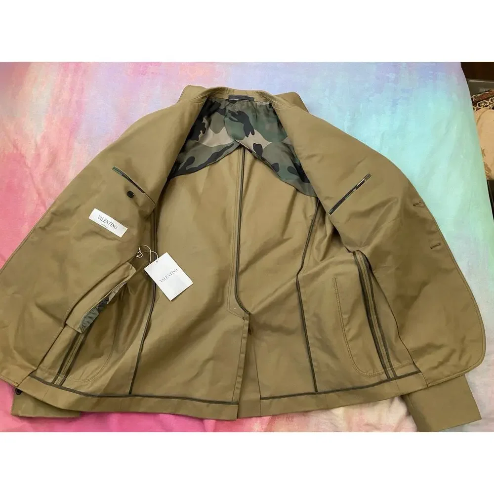 VALENTINO GARAVANI Tan Green Blazer twill sport coat camo lining Size 54 44” Ch
